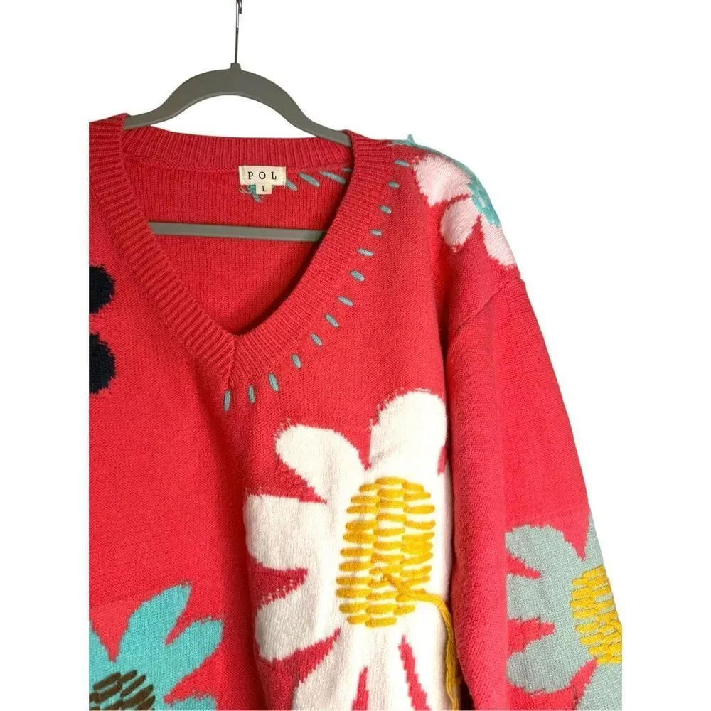 POL Floral Pattern Print Sweater in Hot Pink Size Large